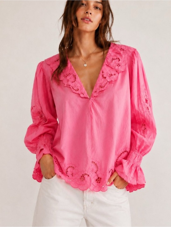 Free People Tops - Free People Maisie Boho Pink Cotton Eyelet floral Embroidered Blouse Size M